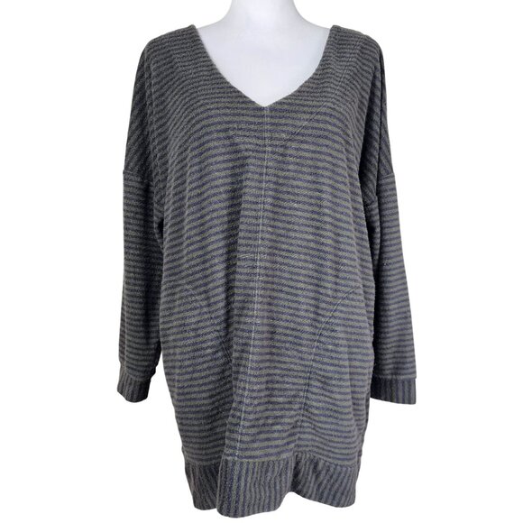 Free People Green Striped V-Neck Sweater Sz XS Very Oversized Terry Knit Casual - Picture 1 of 12